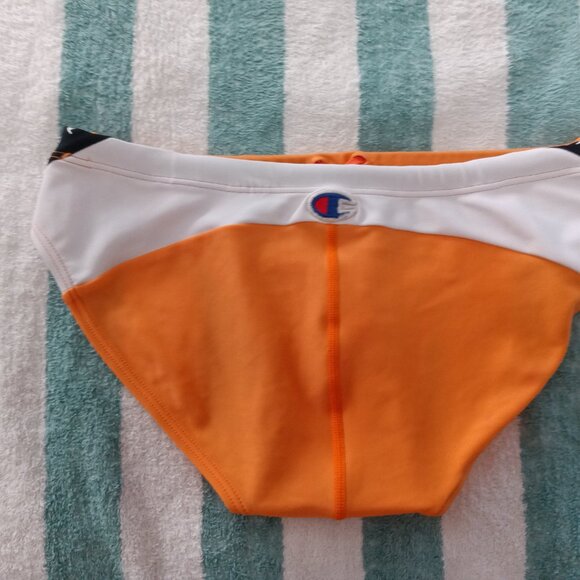 VINTAGE / RARE CHAMPION ORANGE SWIM BRIEF, (*) SIZE SMALL, 30"-32" (Pre-Owned) - Picture 2 of 7